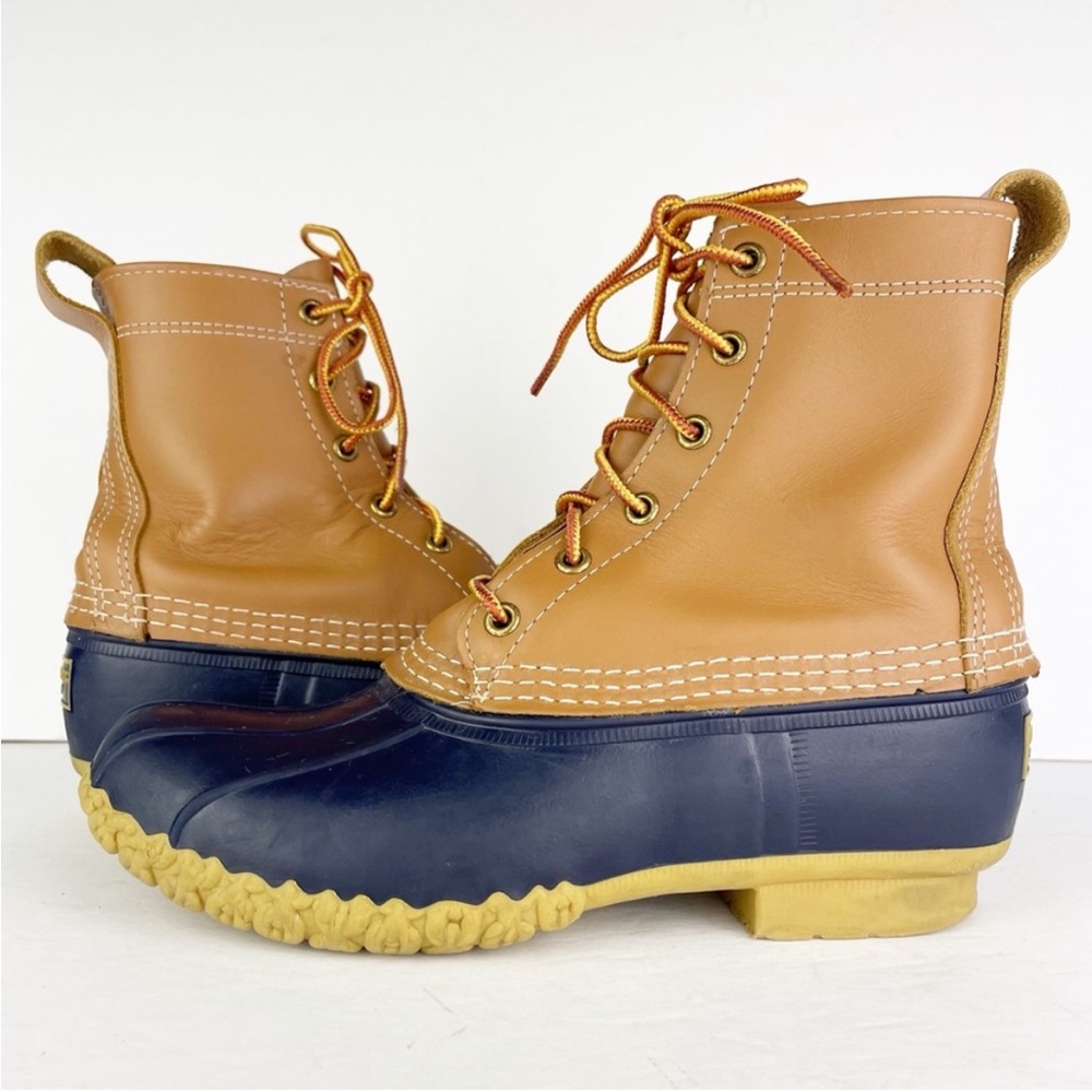 LL Bean Original 8 Inch Vintage Leather Rubber Tan Navy Blue Bean Boot